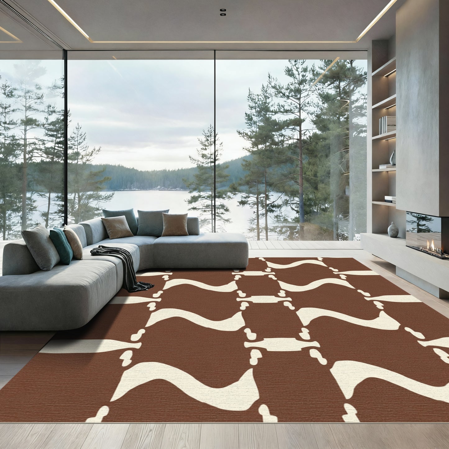 Brown Cream Abstract Organic Wave Rug