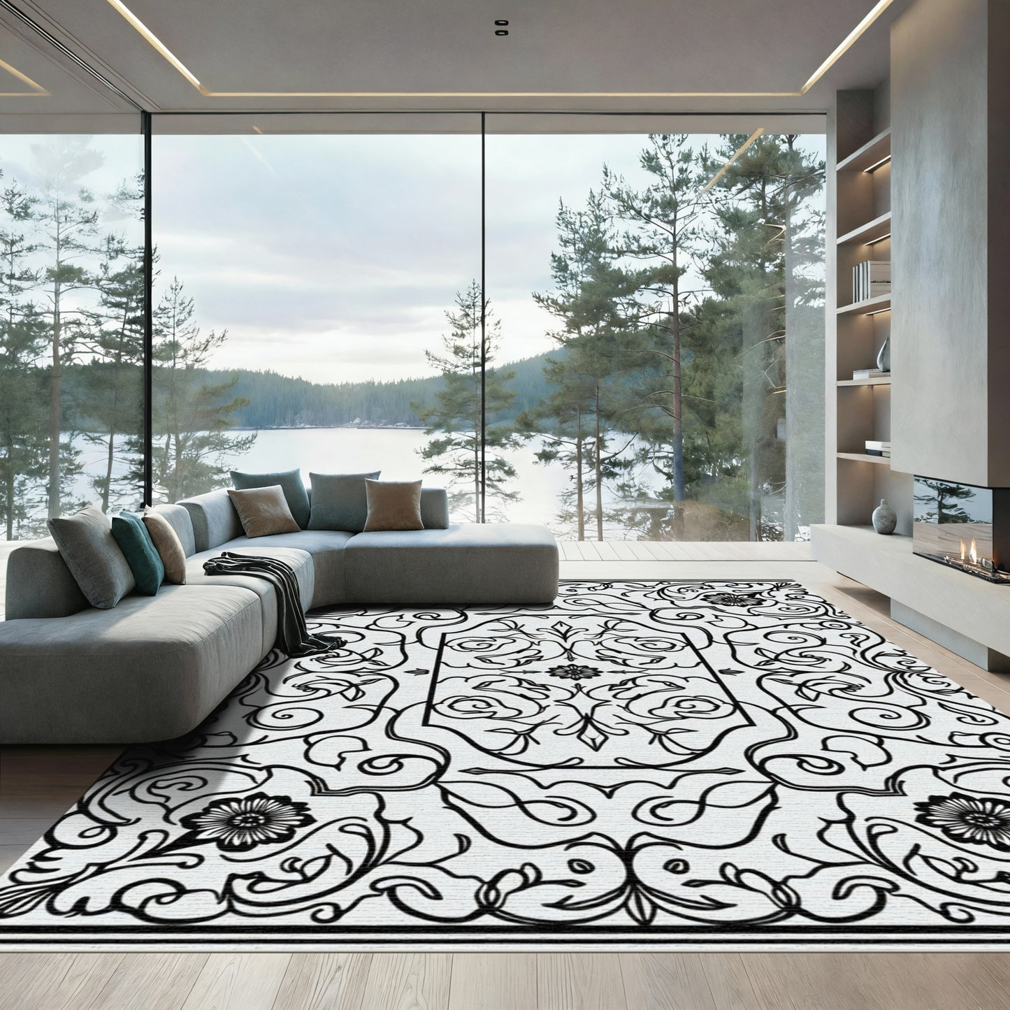 Monochromatic Black Floral Scroll Medallion Rug
