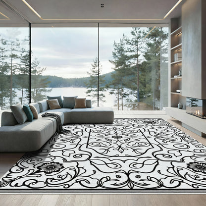 Monochromatic Black Floral Scroll Medallion Rug