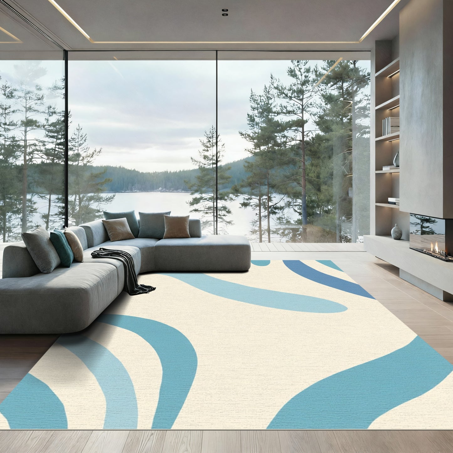 Aqua Blue Flowing Abstract Waves Rug