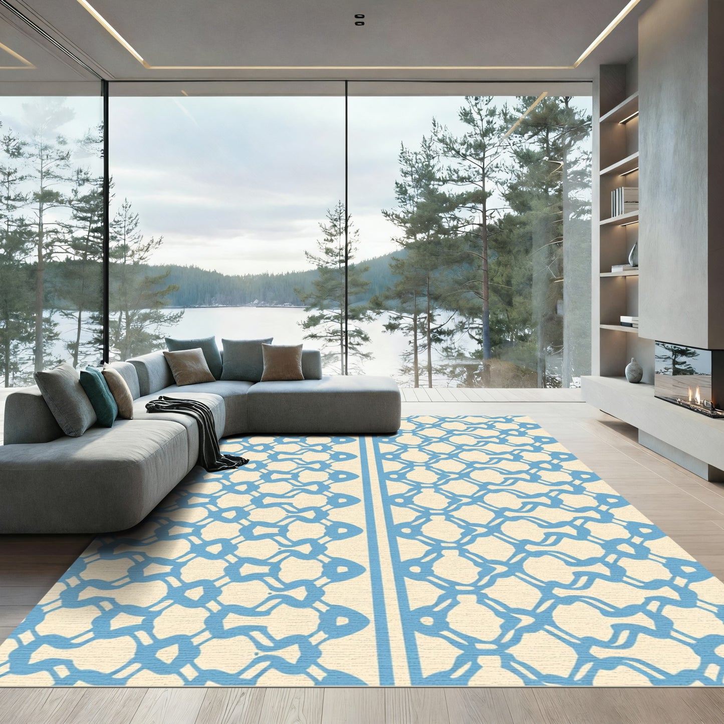 Pale Blue Lattice Geometric Rug