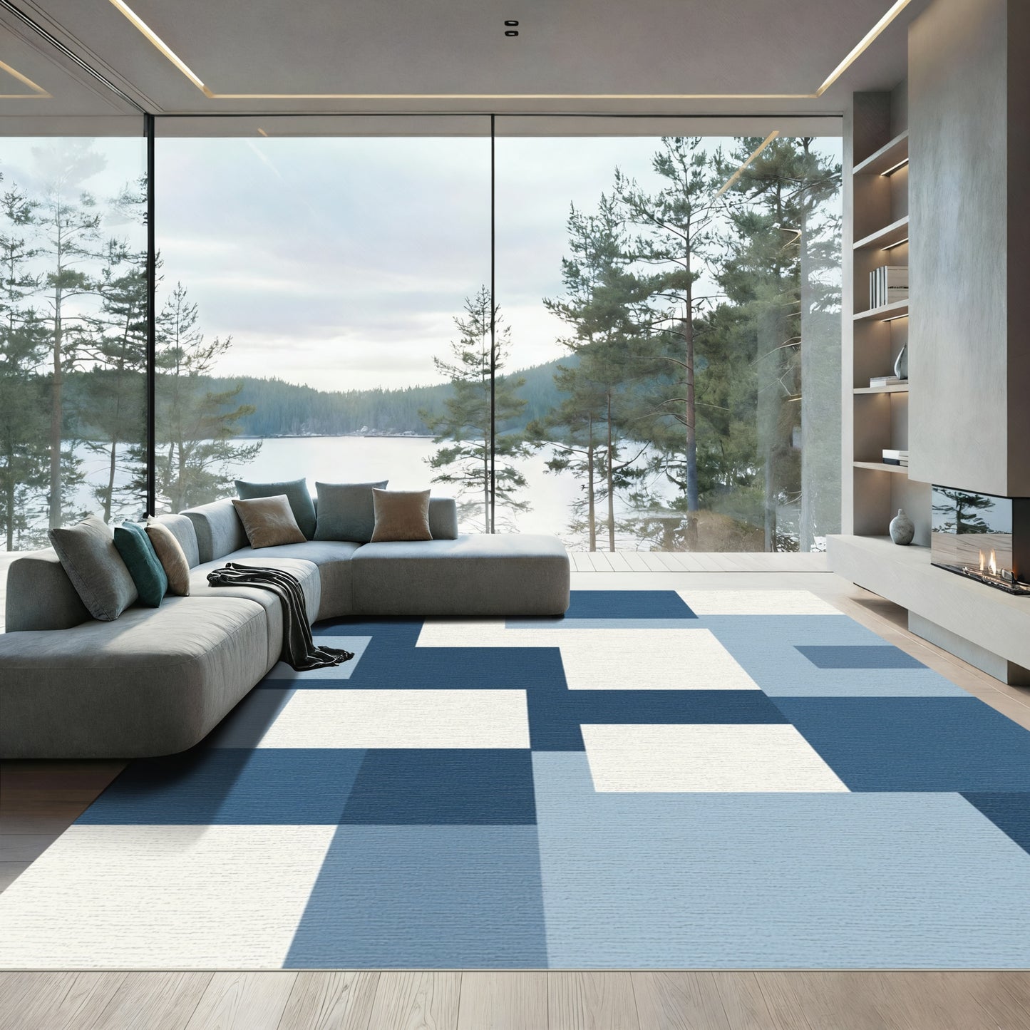 Modern Blue White Geometric Blocks Rug