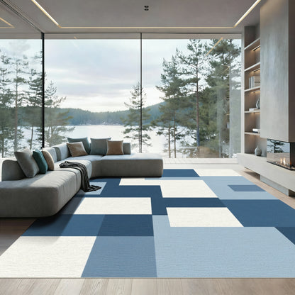 Modern Blue White Geometric Blocks Rug