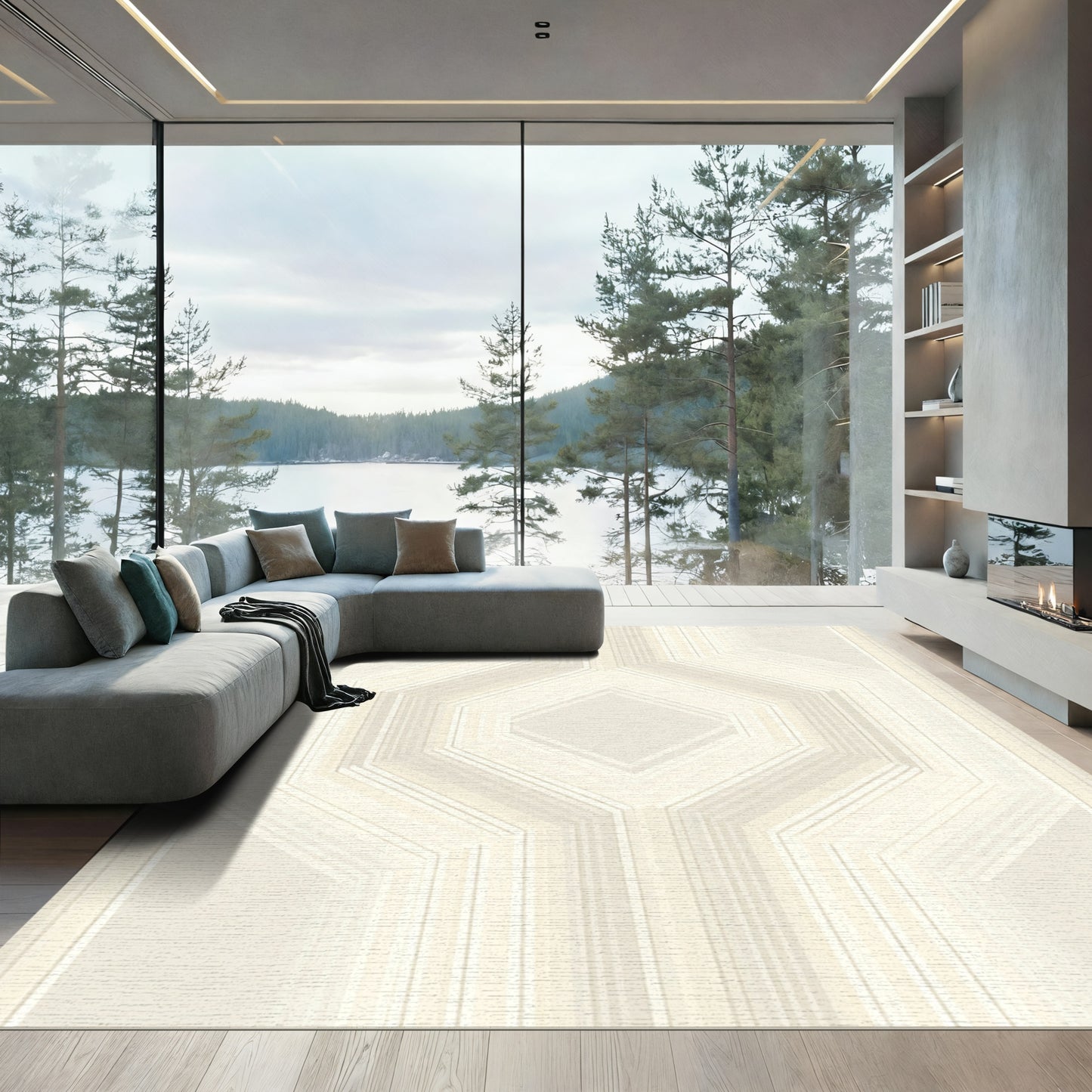 Elegant Cream Geometric Hexagon Overlay Rug