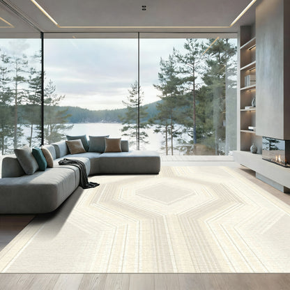Elegant Cream Geometric Hexagon Overlay Rug