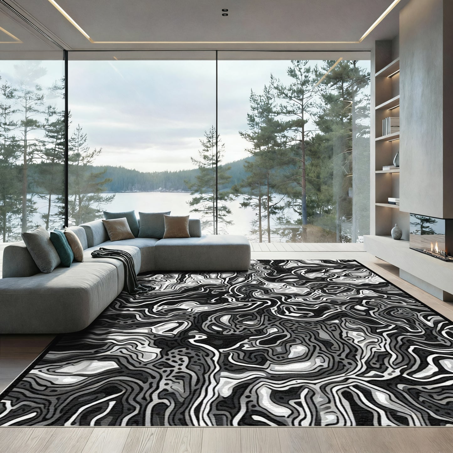 Monochromatic Organic Contour Lines Rug