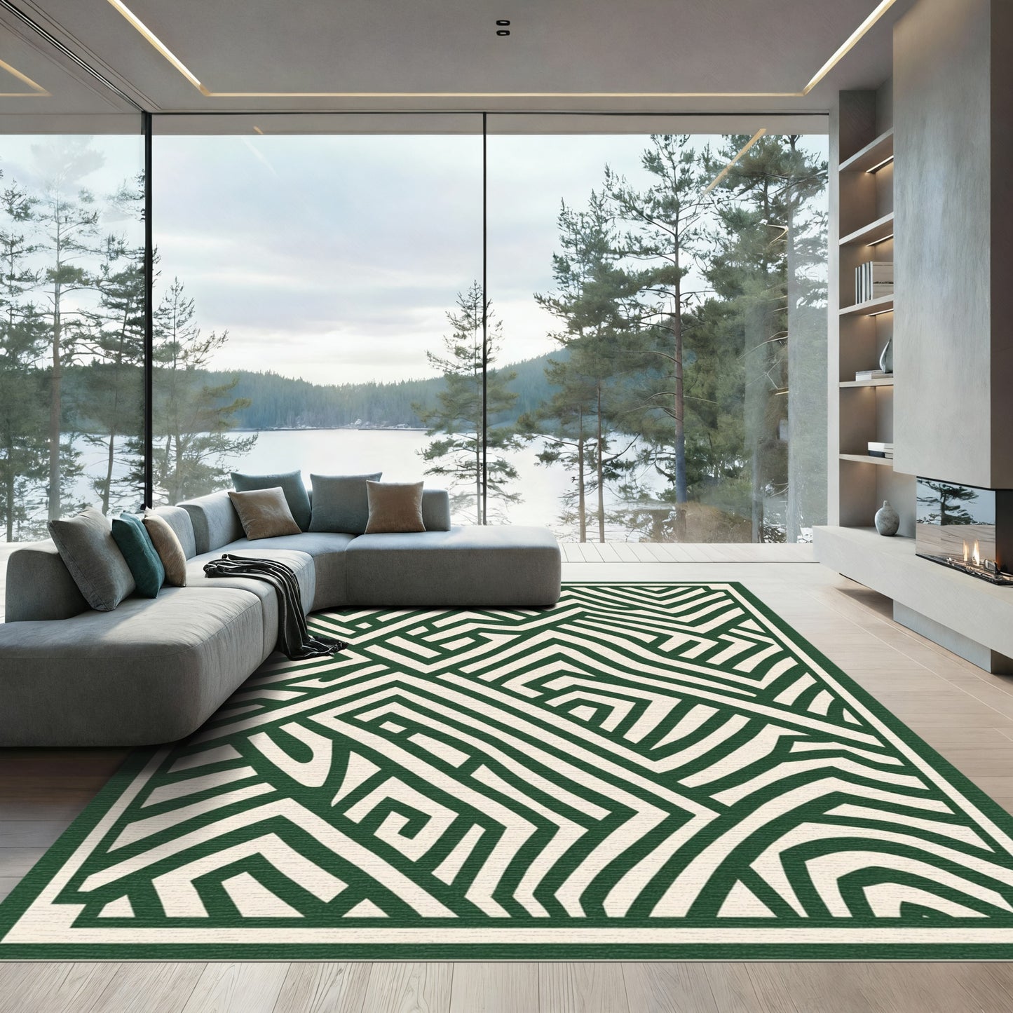 Forest Green Abstract Geometric Maze Rug