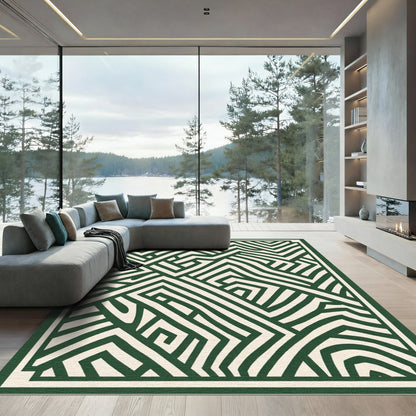 Forest Green Abstract Geometric Maze Rug