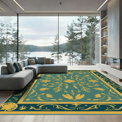 Teal Gold Floral Border Medallion Rug