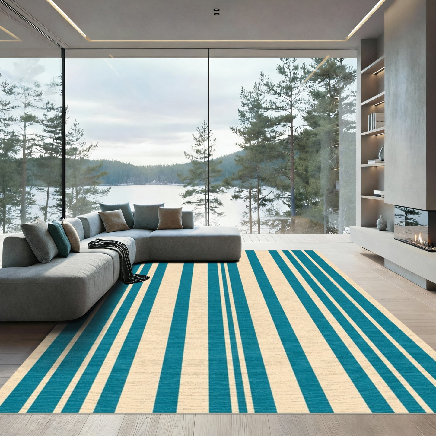 Teal Cream Vertical Stripe Rug