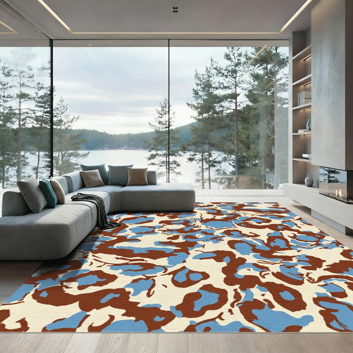 Ecru Blue Brown Abstract Splatter Rug
