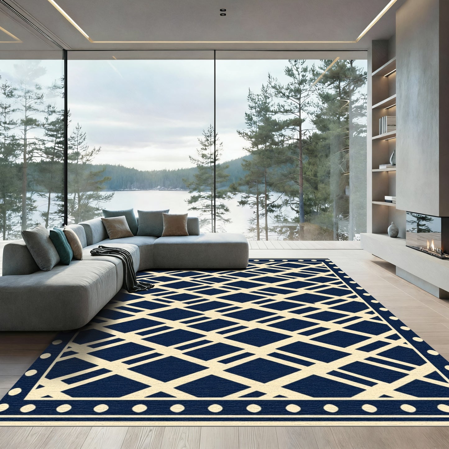 Navy White Diamond Lattice Border Rug