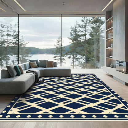 Navy White Diamond Lattice Border Rug