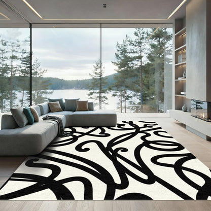 Black Swirling Calligraphic Vine Rug