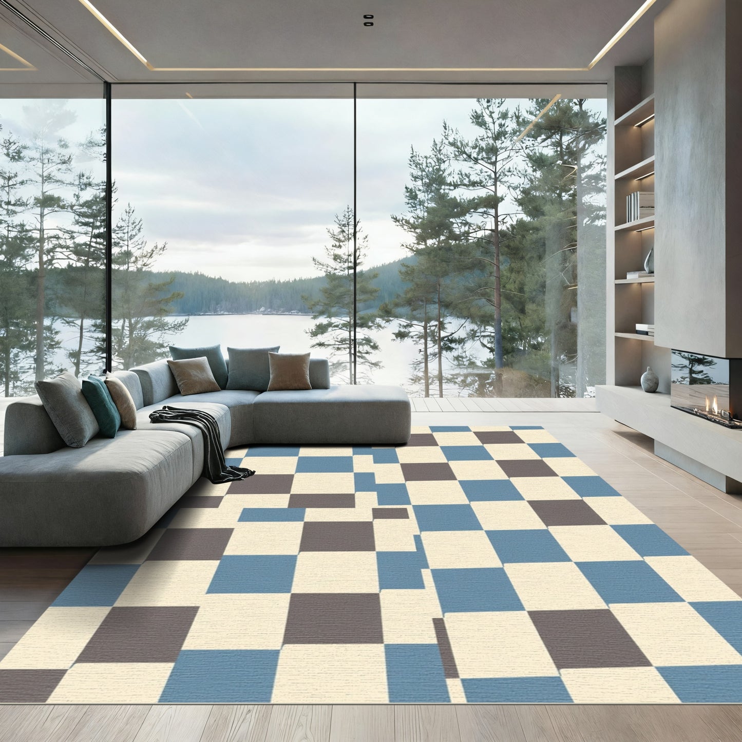 Shifting Blue Cream Gray Checkerboard Rug