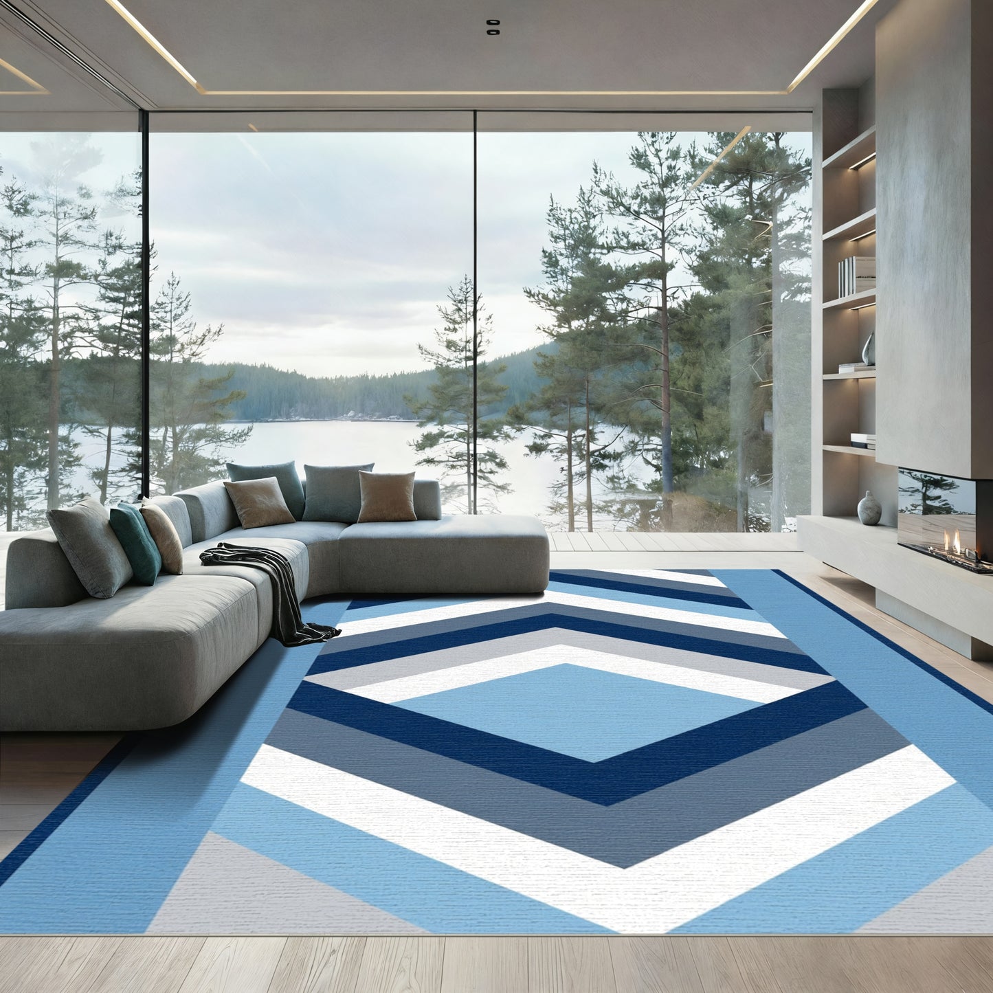 Navy Blue Geometric Diamond Chevron Rug