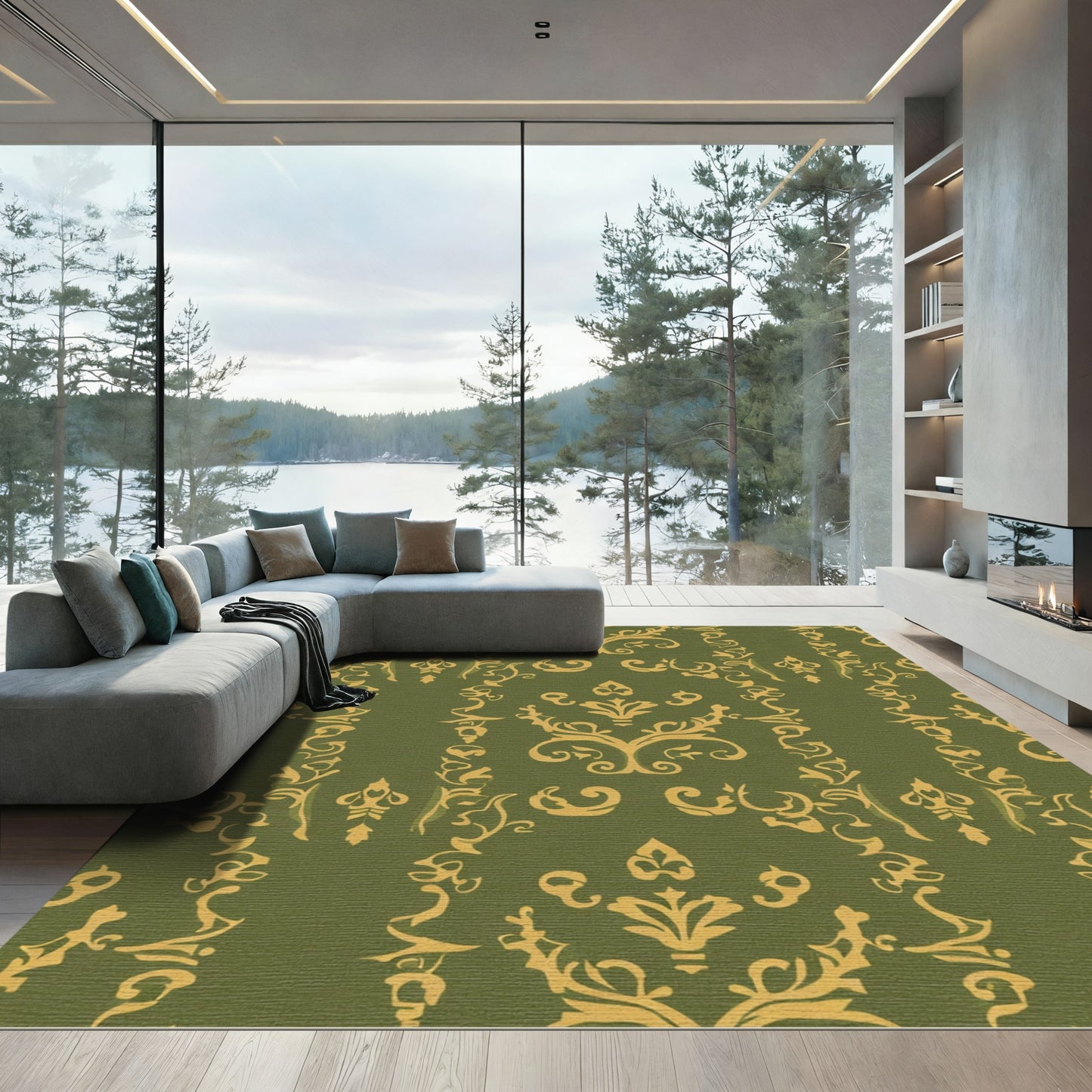 Olive Gold Scrollwork Damask Rug