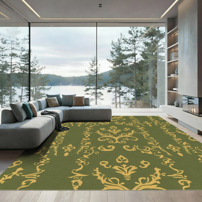 Olive Gold Scrollwork Damask Rug