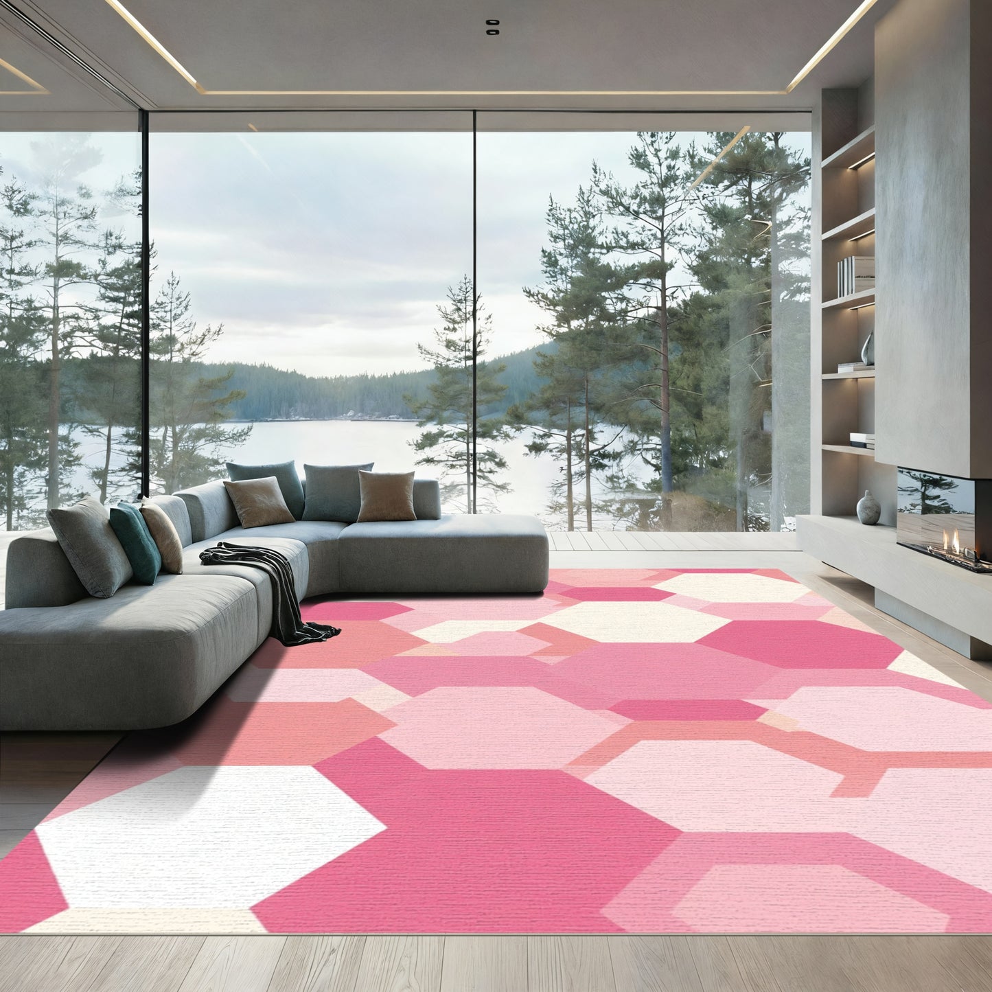 Pink Geometric Hexagon Layered Rug