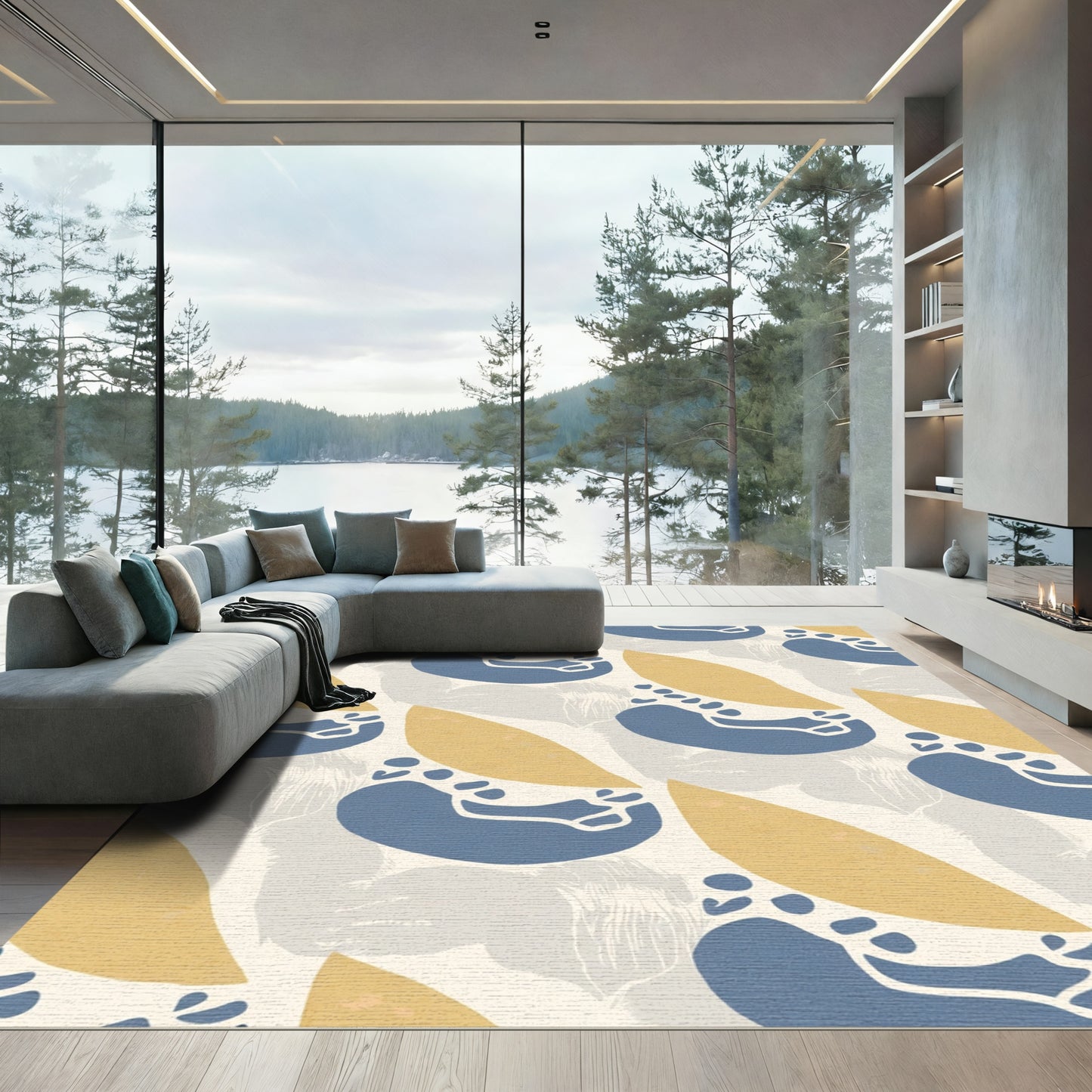 Abstract Ochre Navy Organic Shapes Rug
