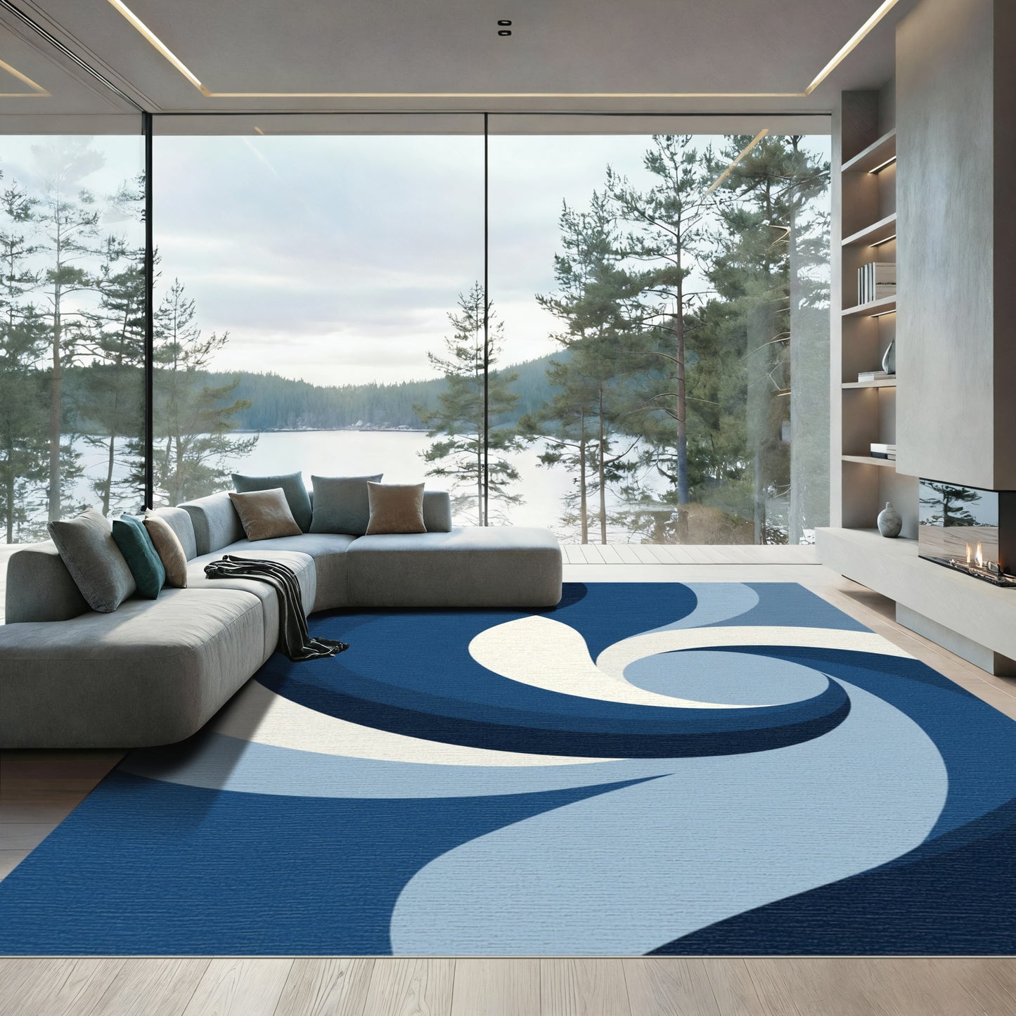 Deep Blue Swirling Abstract Rug