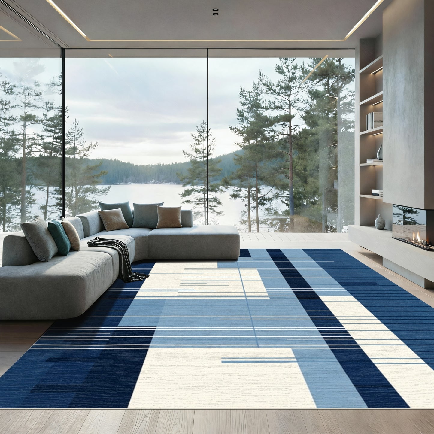 Indigo Blues Abstract Geometric Stripes Rug