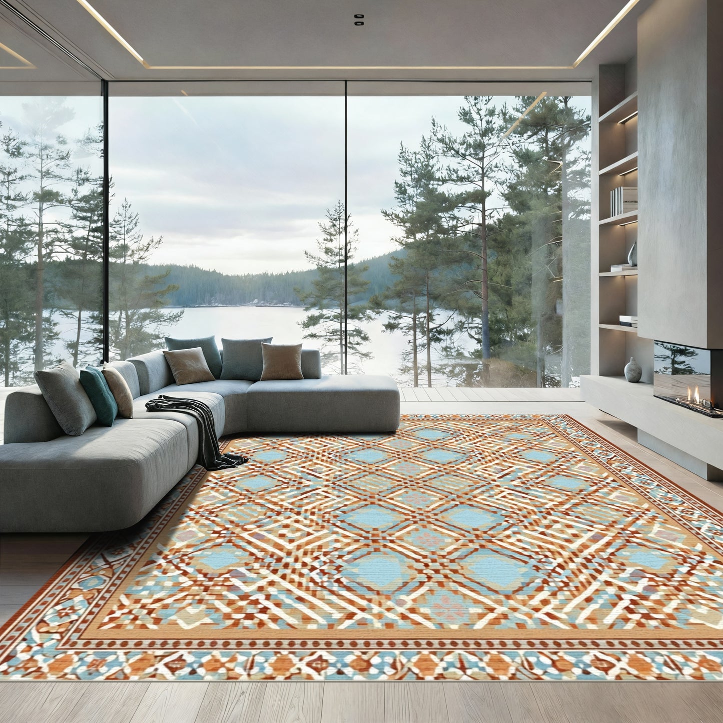 Geometric Lattice Medallion In Blue Tan Rug