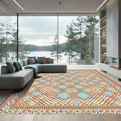 Geometric Lattice Medallion In Blue Tan Rug