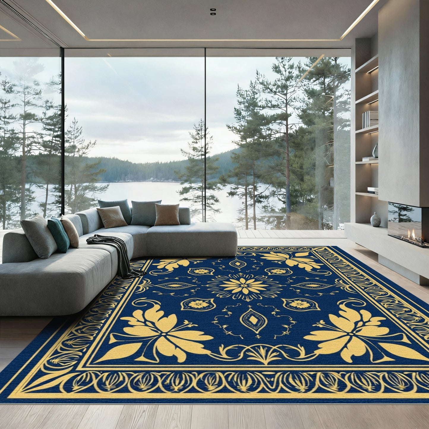 Golden Flourish Blue Floral Composition Rug