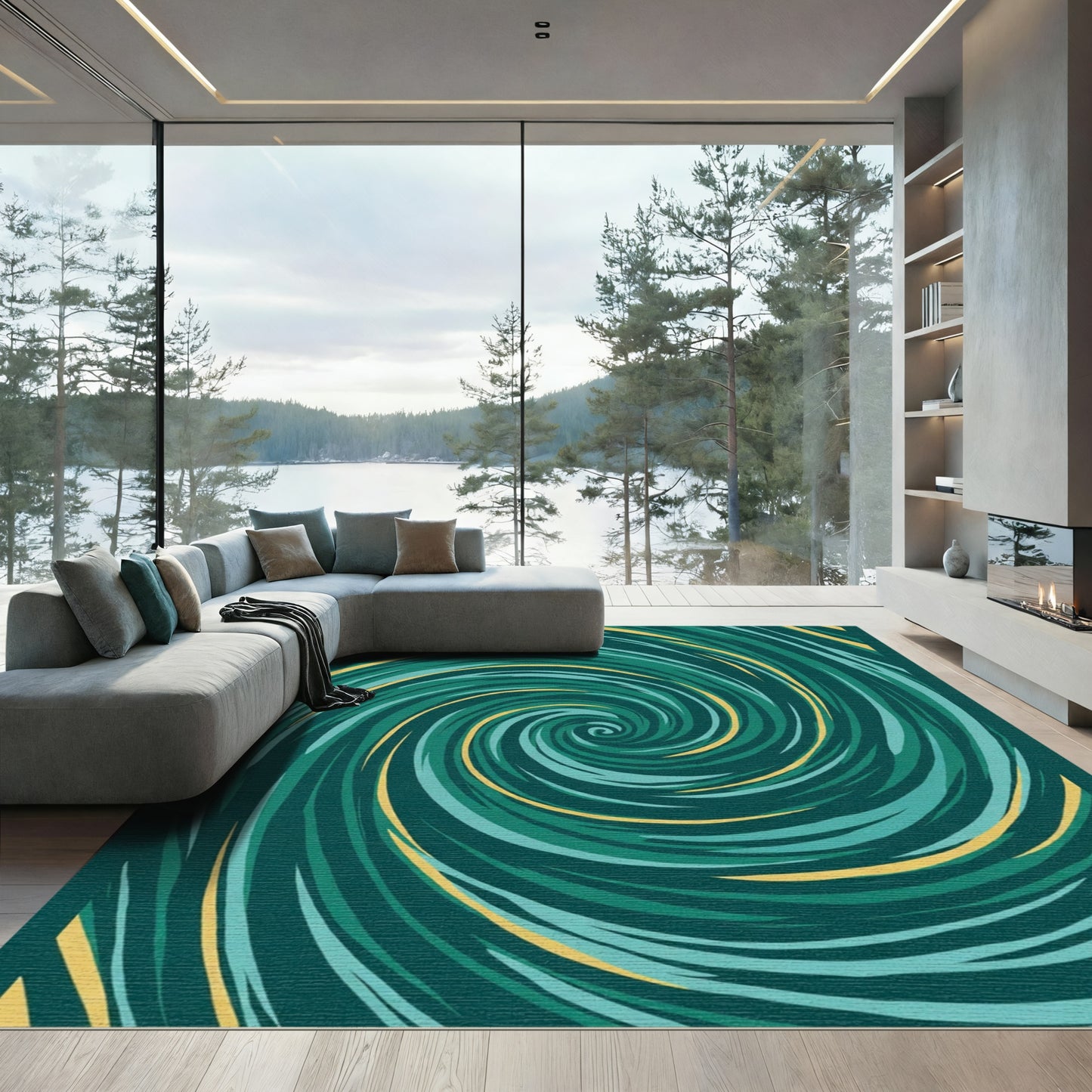 Deep Teal Swirl Abstract Rug