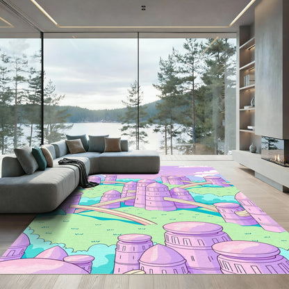 Whimsical Pastel Pink Futuristic Cityscape Rug