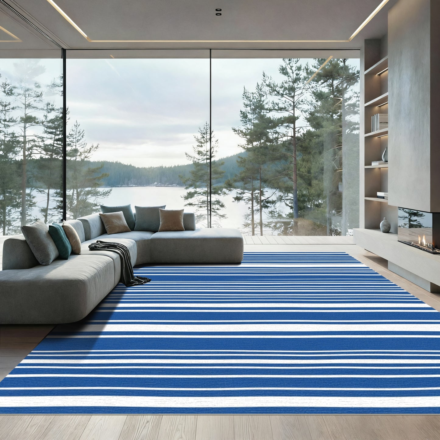 Deep Blue White Hand Drawn Stripes Rug