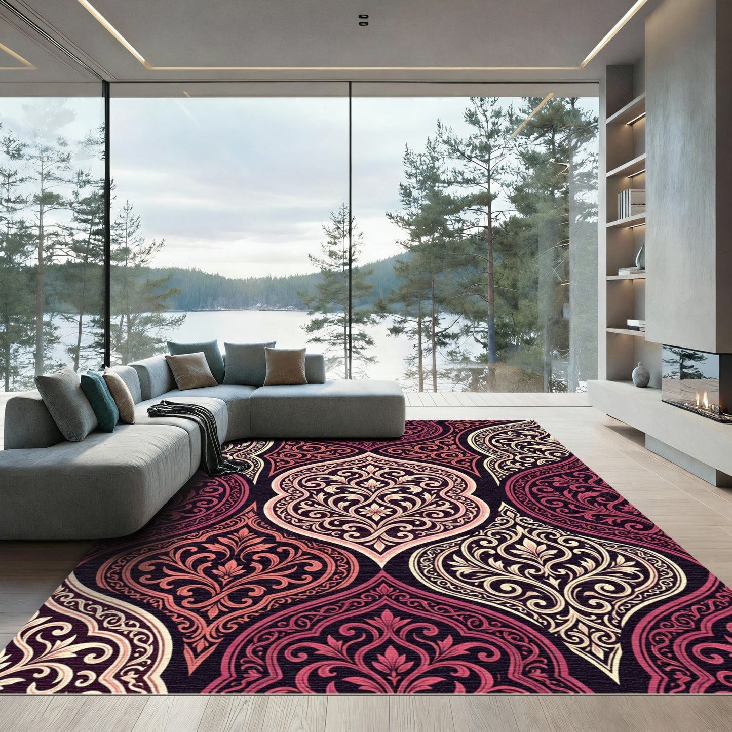 Rich Burgundy Floral Arabesque Rug