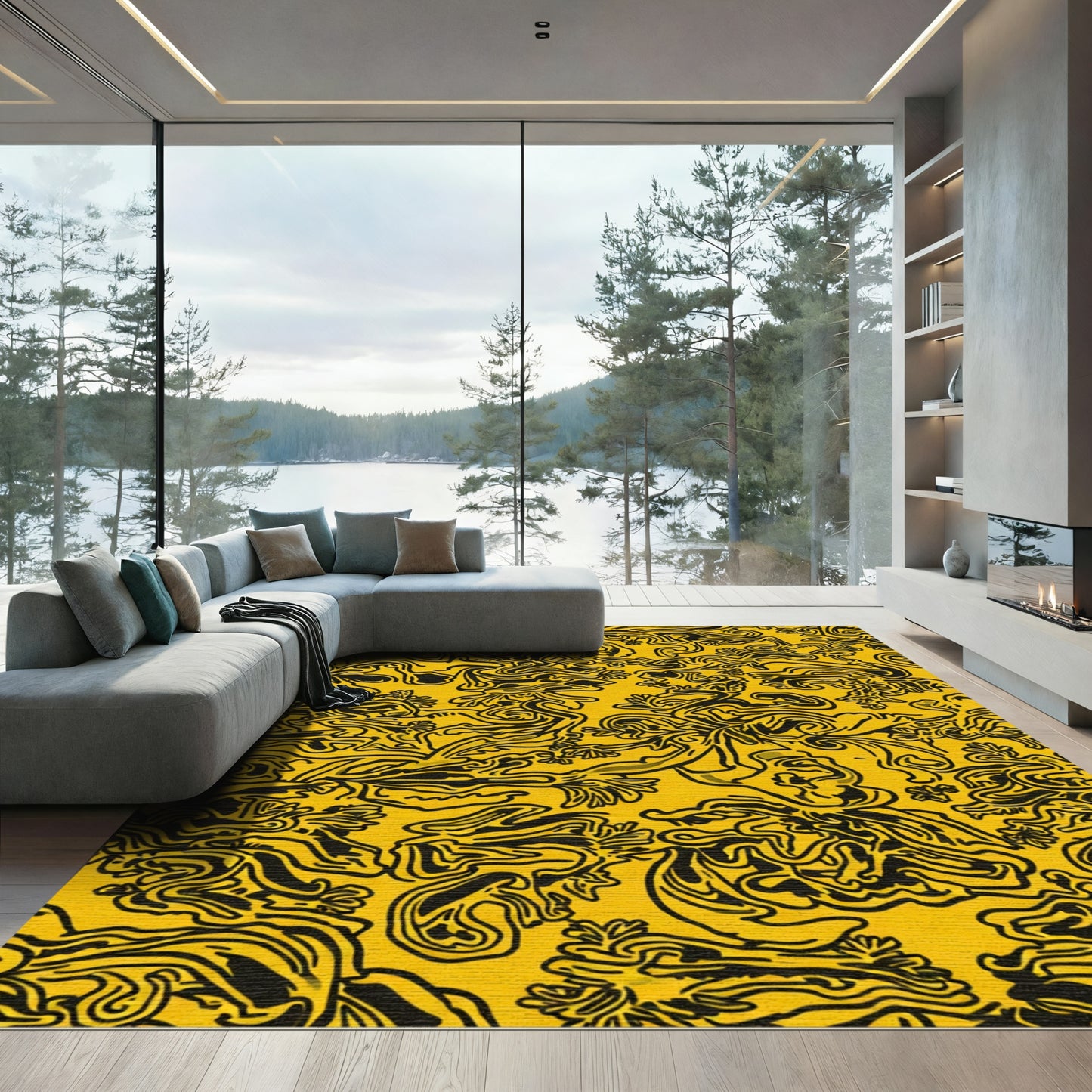 Bold Yellow Abstract Floral Swirl Rug