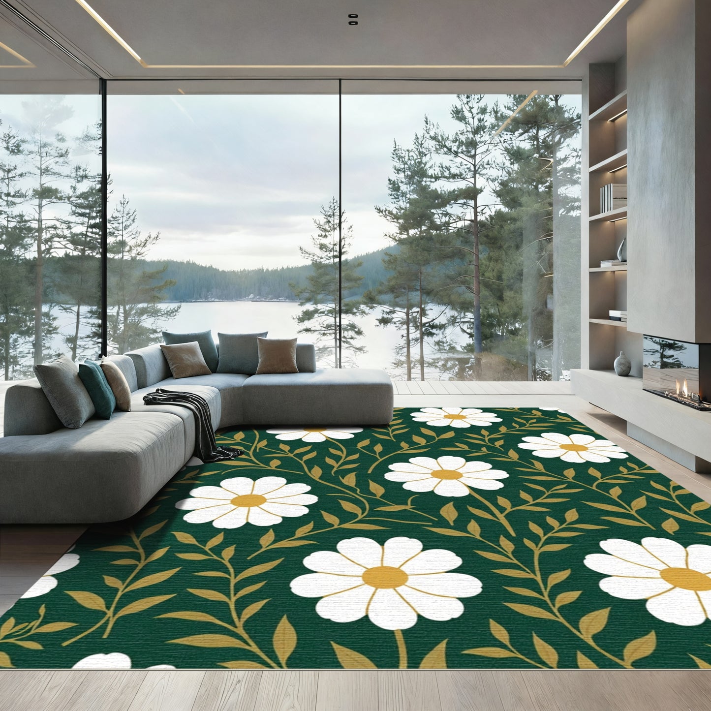 White Daisy Vine Emerald Green Rug