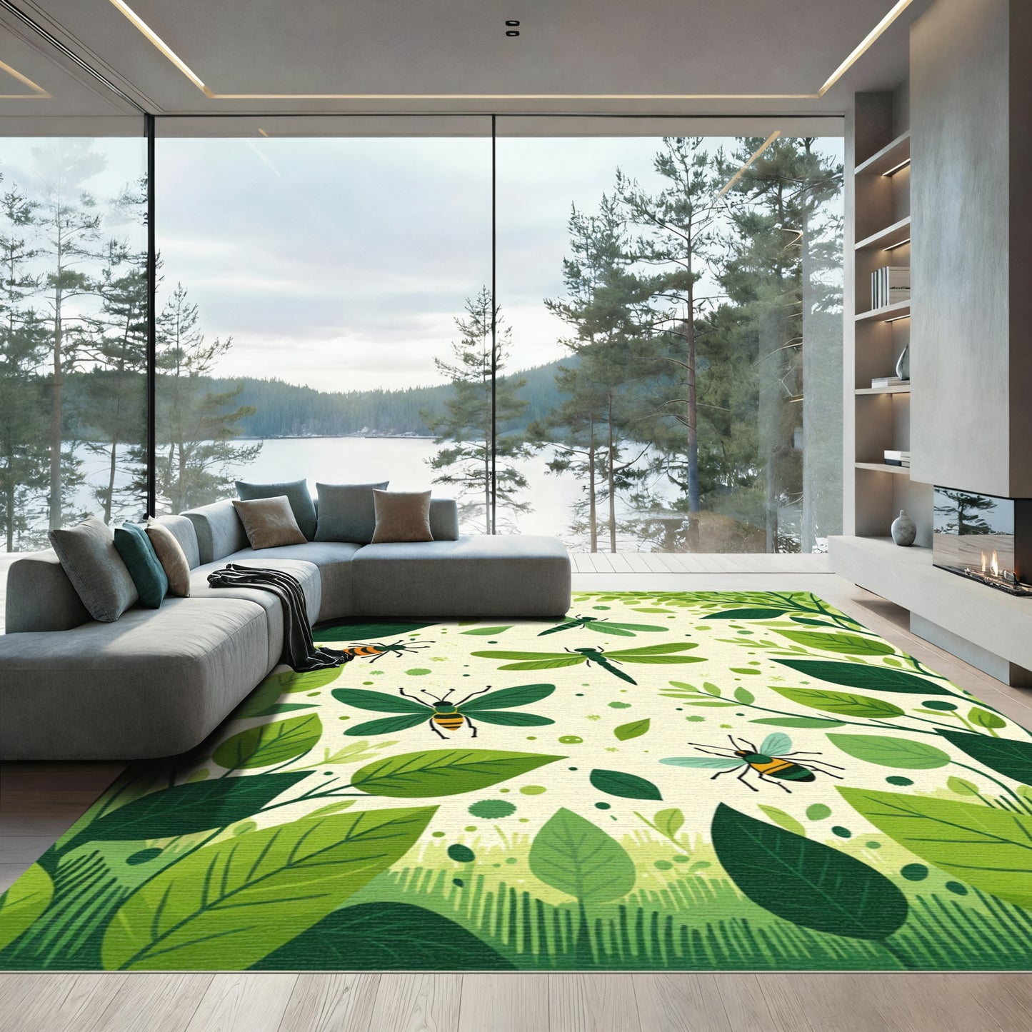 Green Dragonfly and Bee Meadow Rug