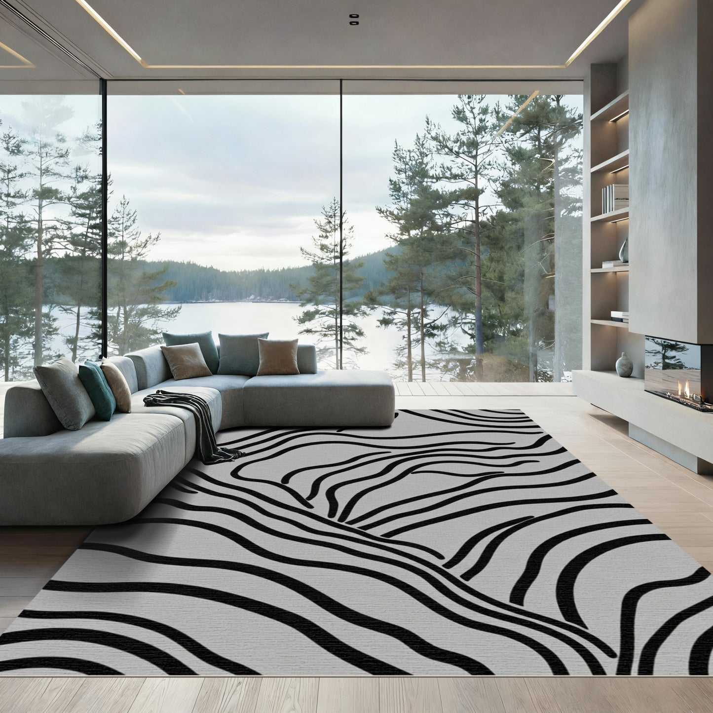 Monochromatic Black Wavy Stripe Rug