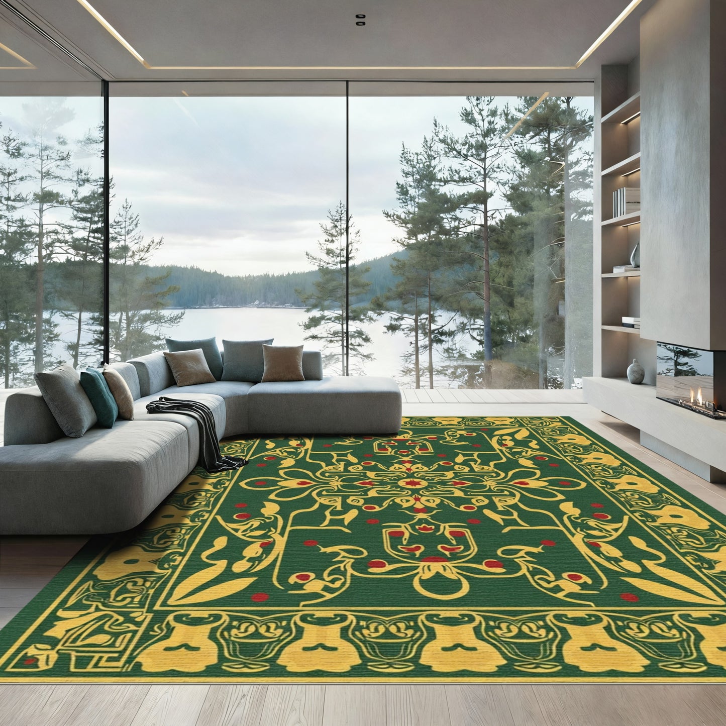 Emerald Gold Red Intricate Floral Medallion Rug