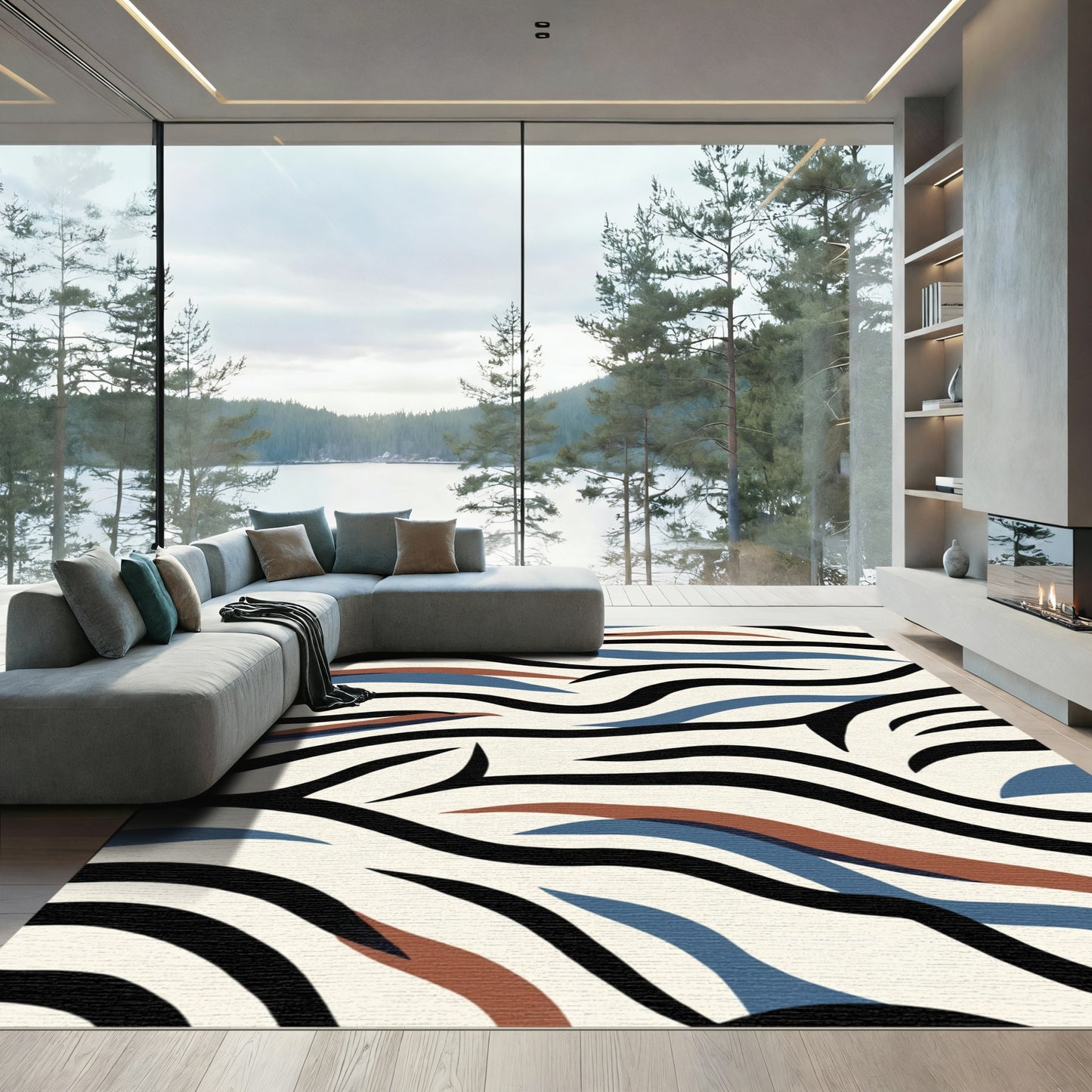 Abstract Black Blue Tan Wavy Strokes Rug