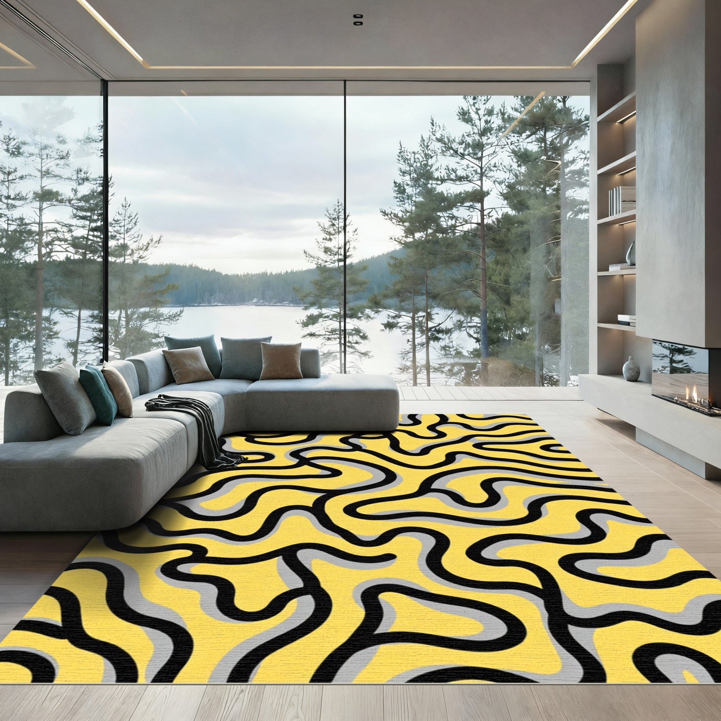 Vibrant Yellow Wavy Contour Rug