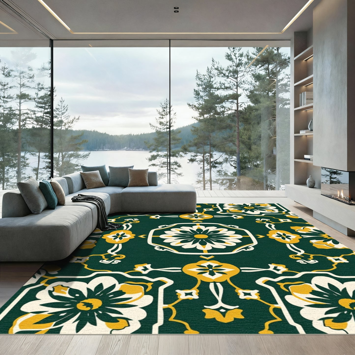 Ornate Emerald Floral Medallion Arrangement Rug