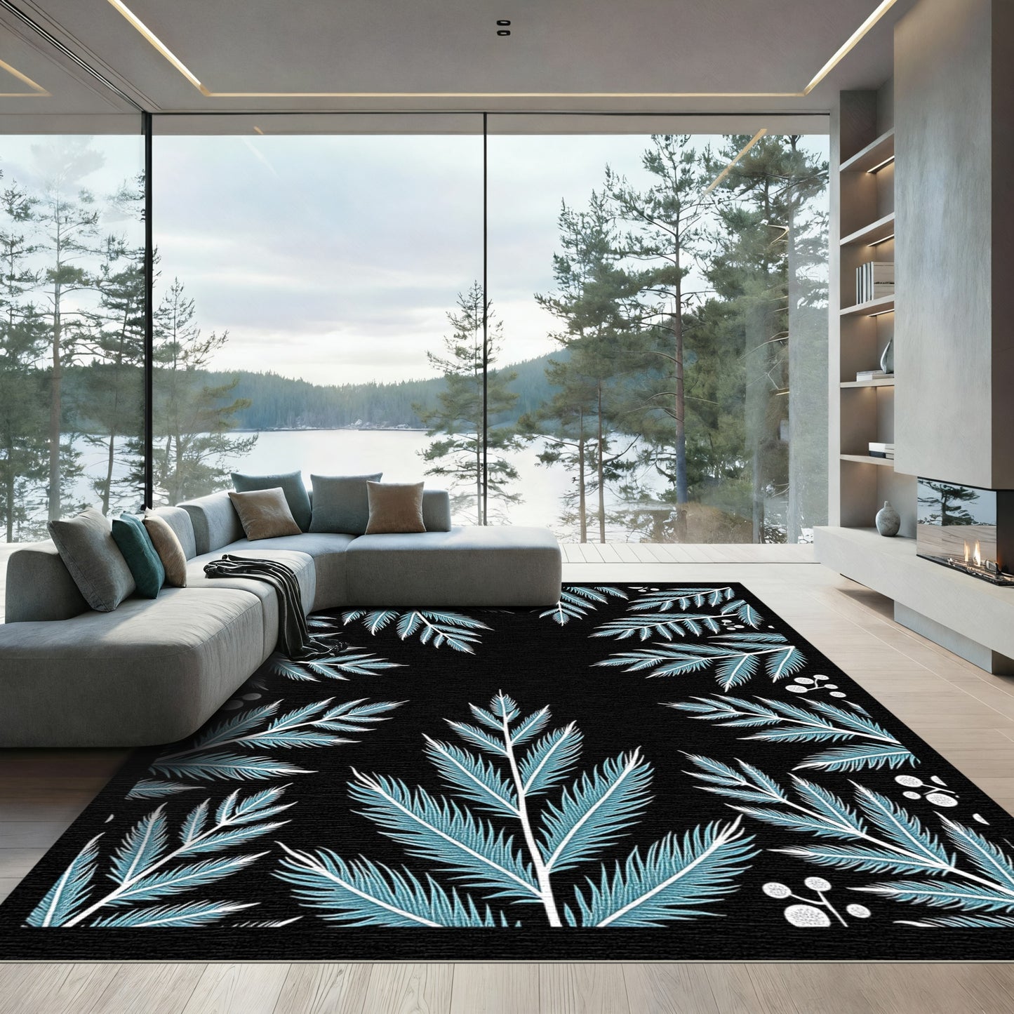 Teal Fern Branch Botanical Black Rug