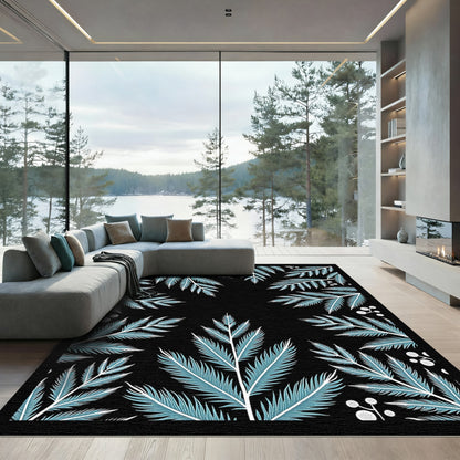 Teal Fern Branch Botanical Black Rug
