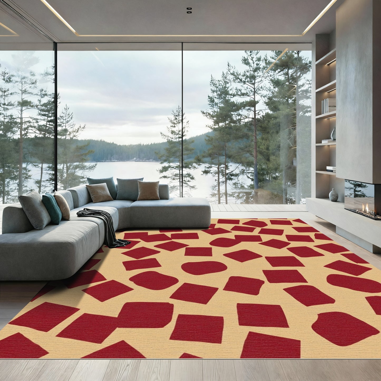 Crimson Squares Scattered Field Rug