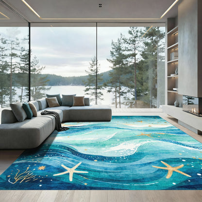 Teal Waves Gold Starfish Rug