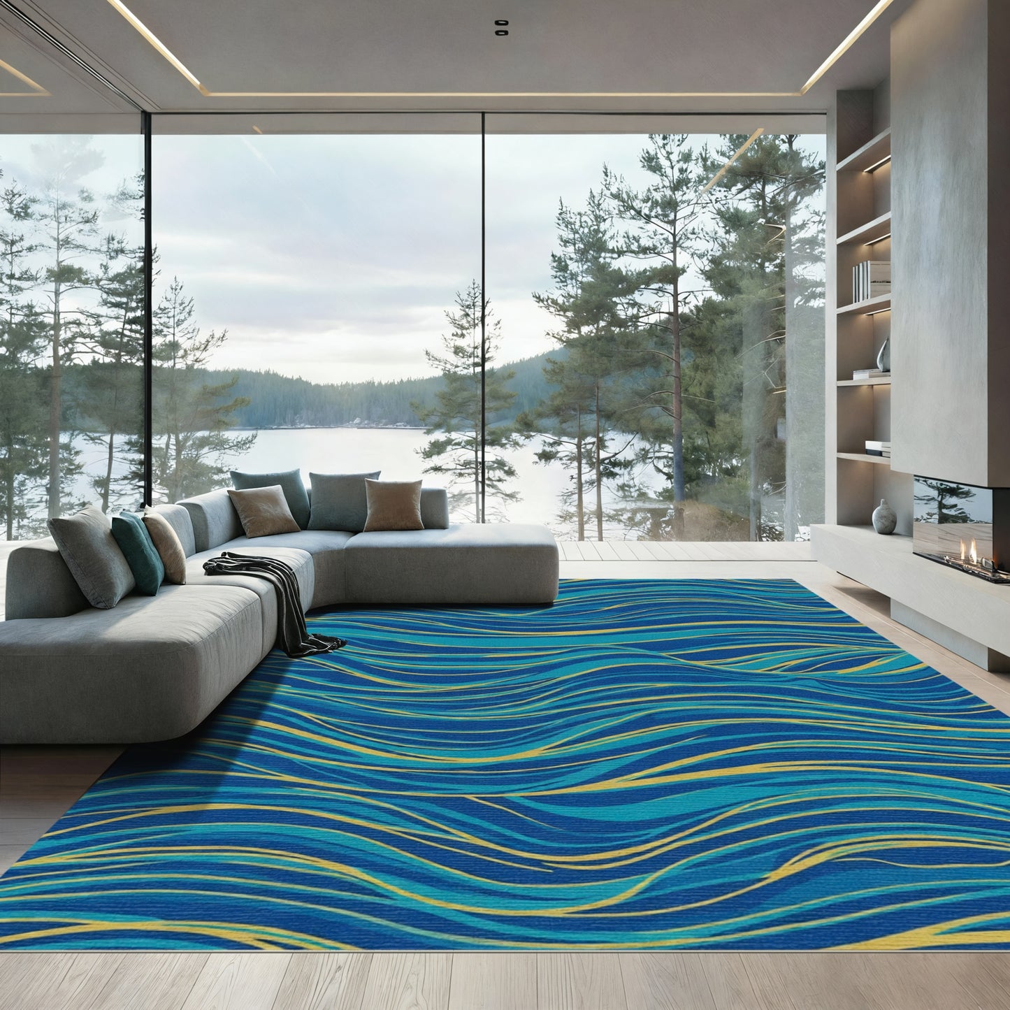 Wavy Blue and Gold Abstract Lines Rug