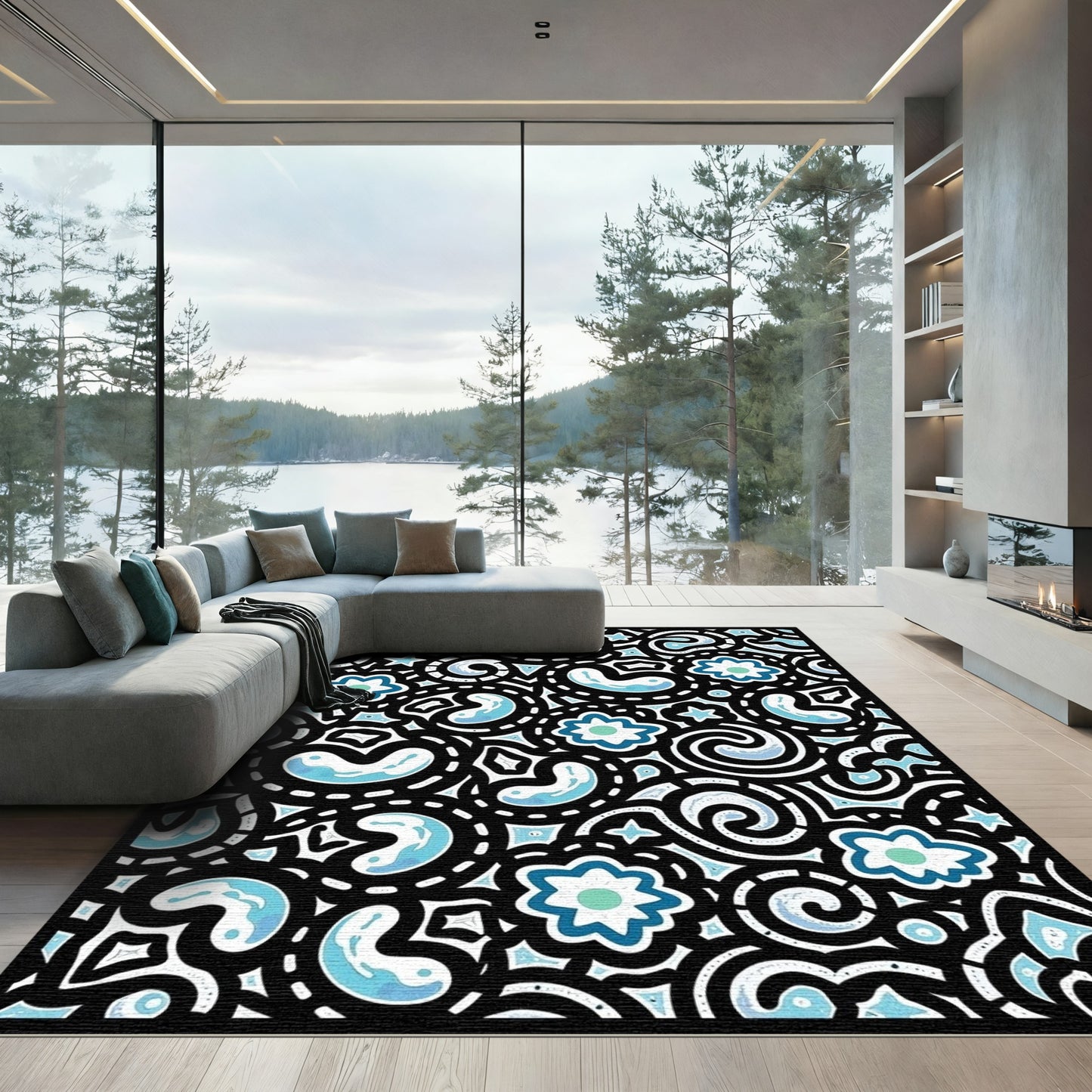 Blue Celestial Swirls Cloud Shapes Rug