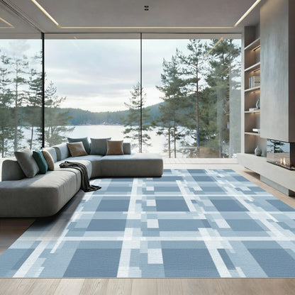 Contemporary Blue Plaid Grid Rug