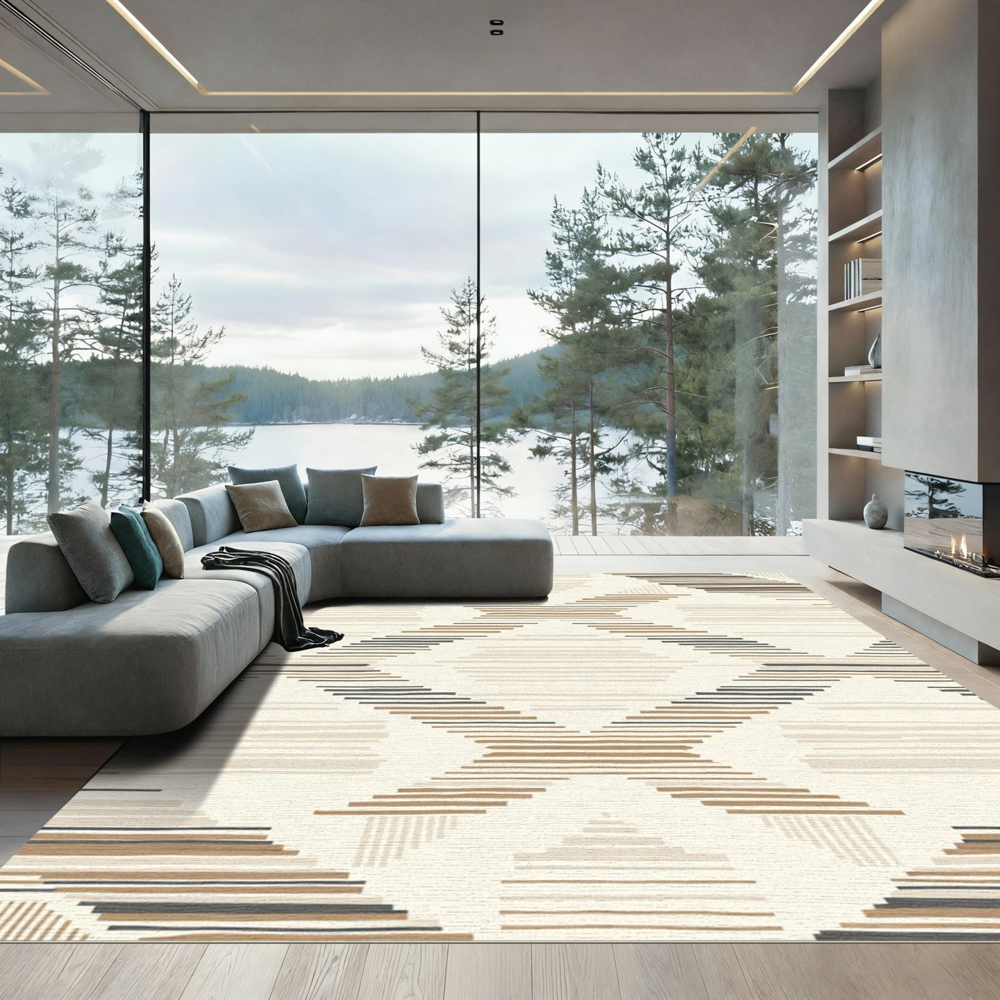 Neutral Geometric Diamond Stripe Rug