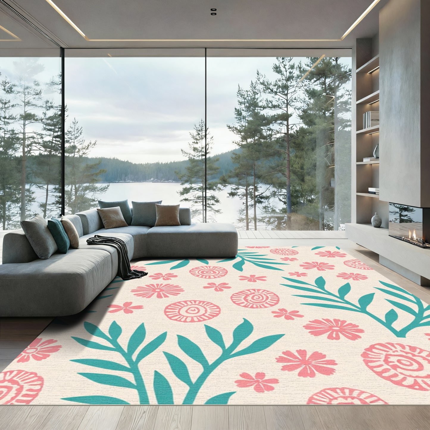 Coral Pink Floral Swirl Branches Rug